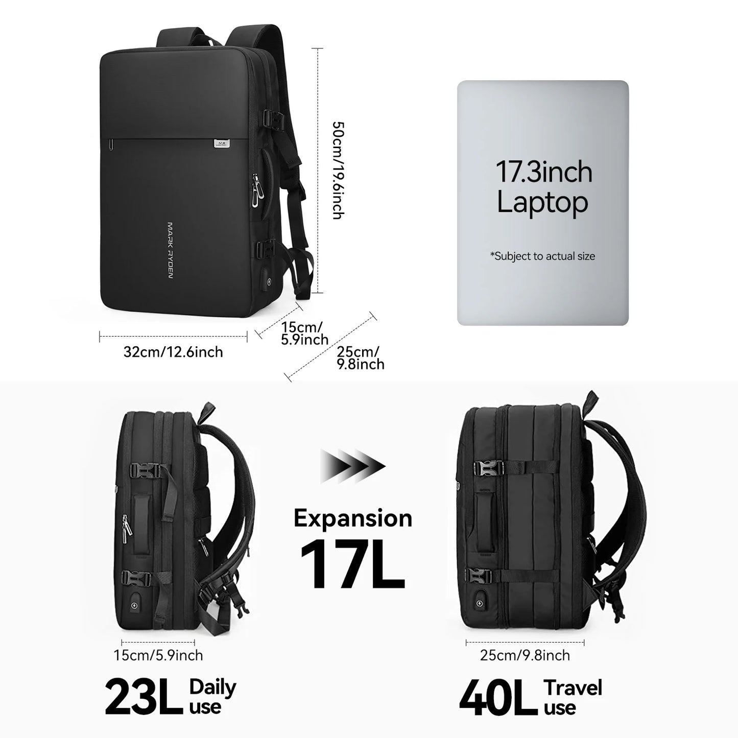 40L Expandable Travel Backpack for 17'' Laptop