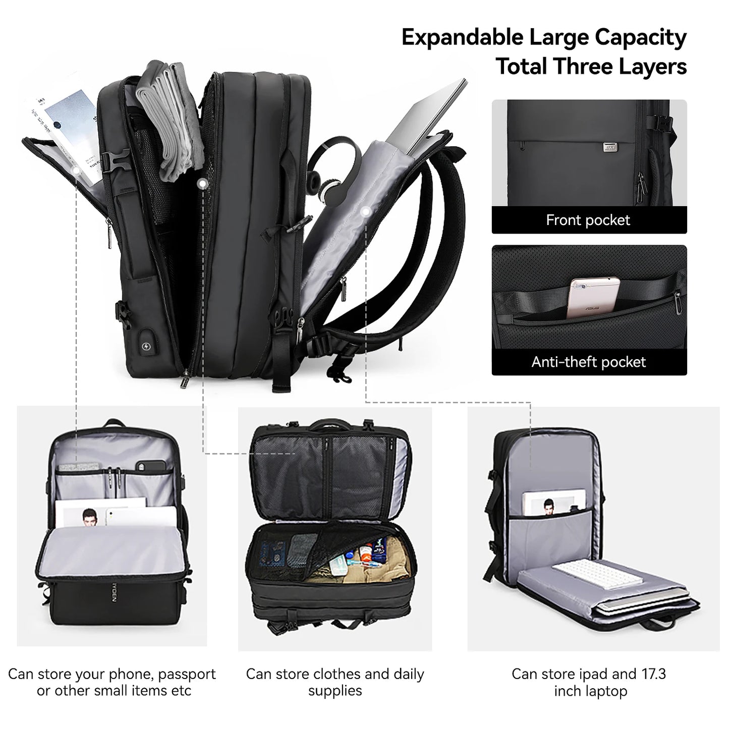40L Expandable Travel Backpack for 17'' Laptop
